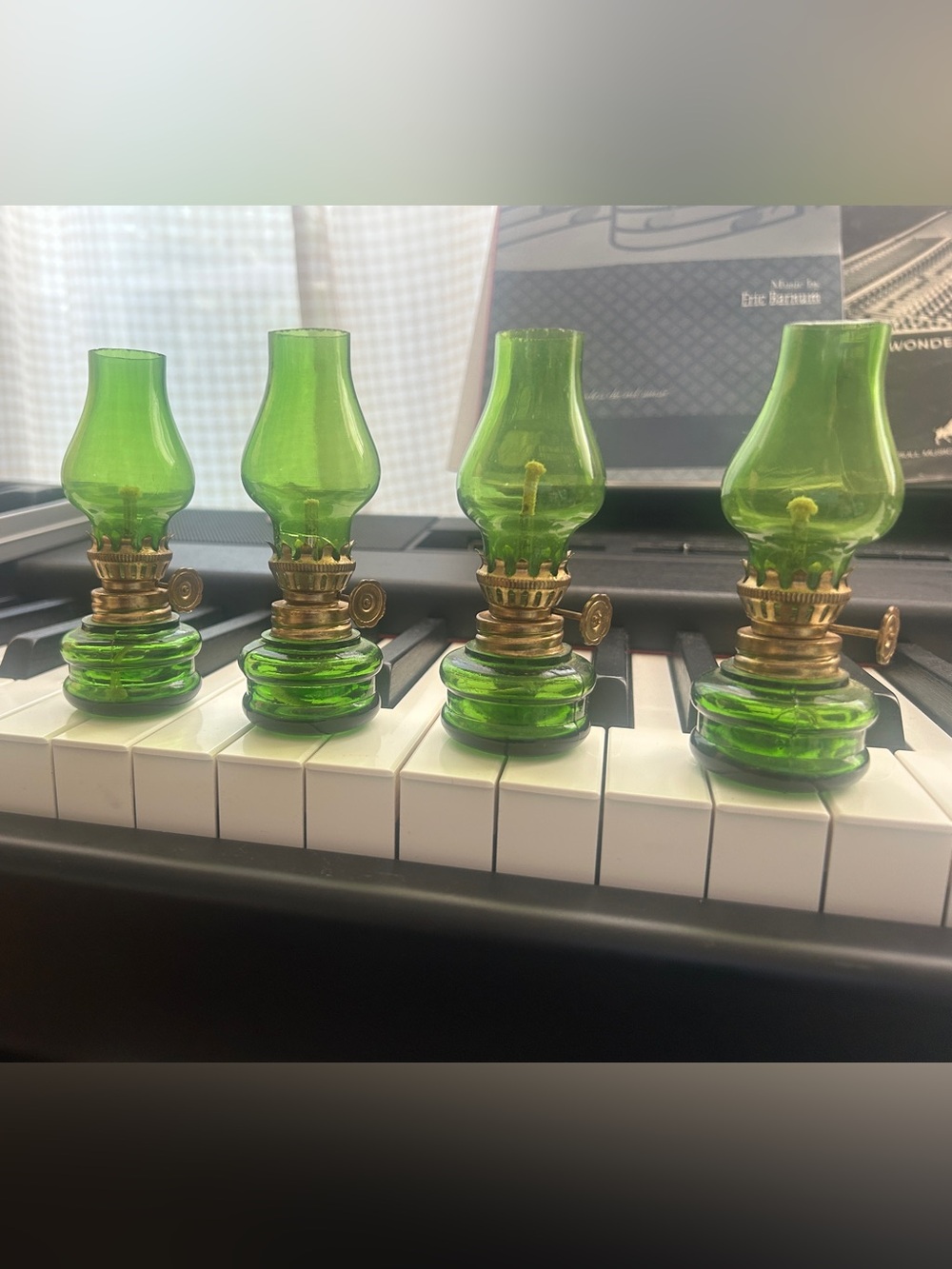 Four Rare Antique Miniature Emerald Green Glass Oil Lamps, Vintage Lanterns